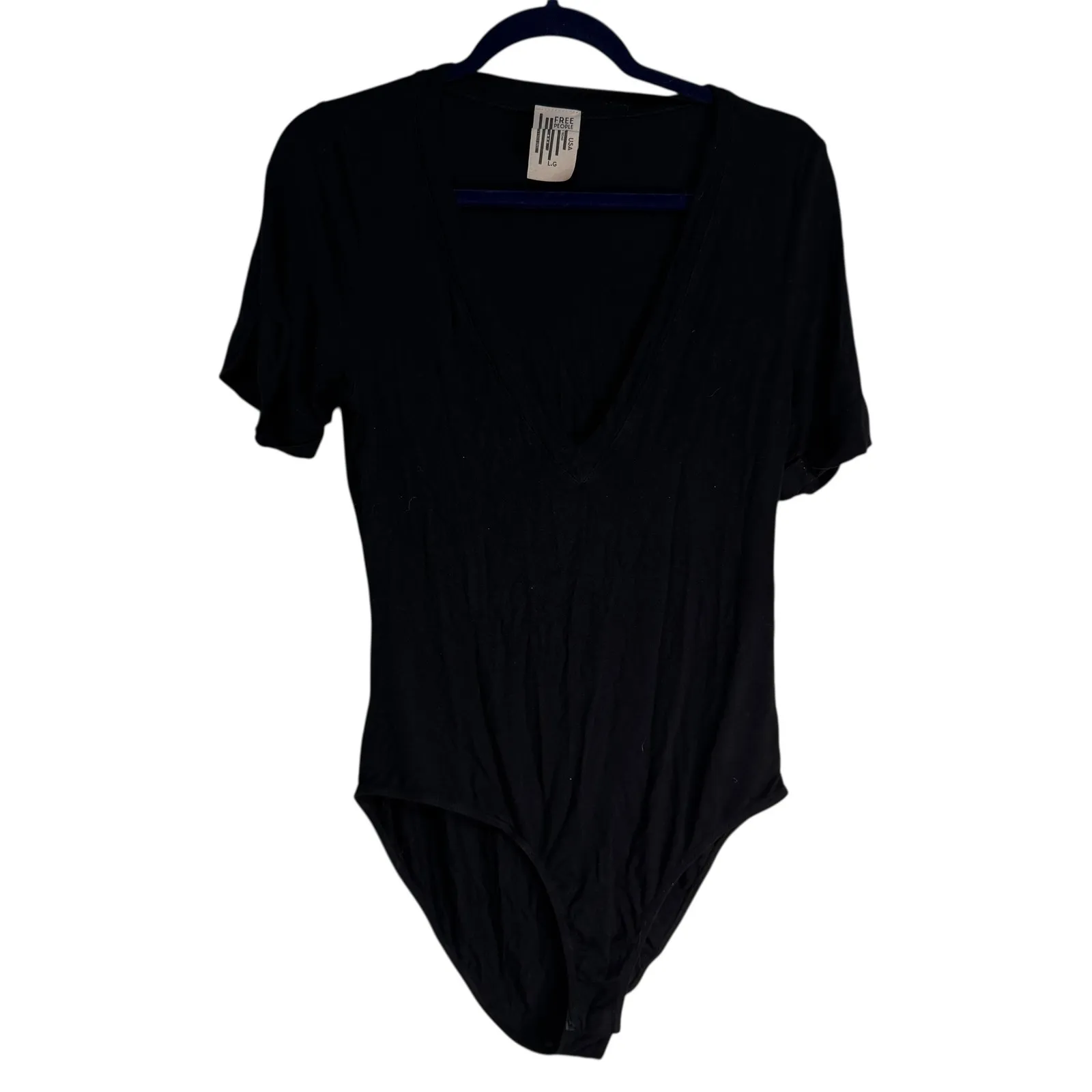 Free People Black Deep V Neck Short Sleeve Thong Bodysuit L Made in USA - Image 8