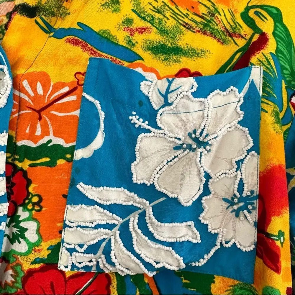 Surya Vintage Blue Patterned Hawaiian Beaded Two Piece Set Size XS - Image 6