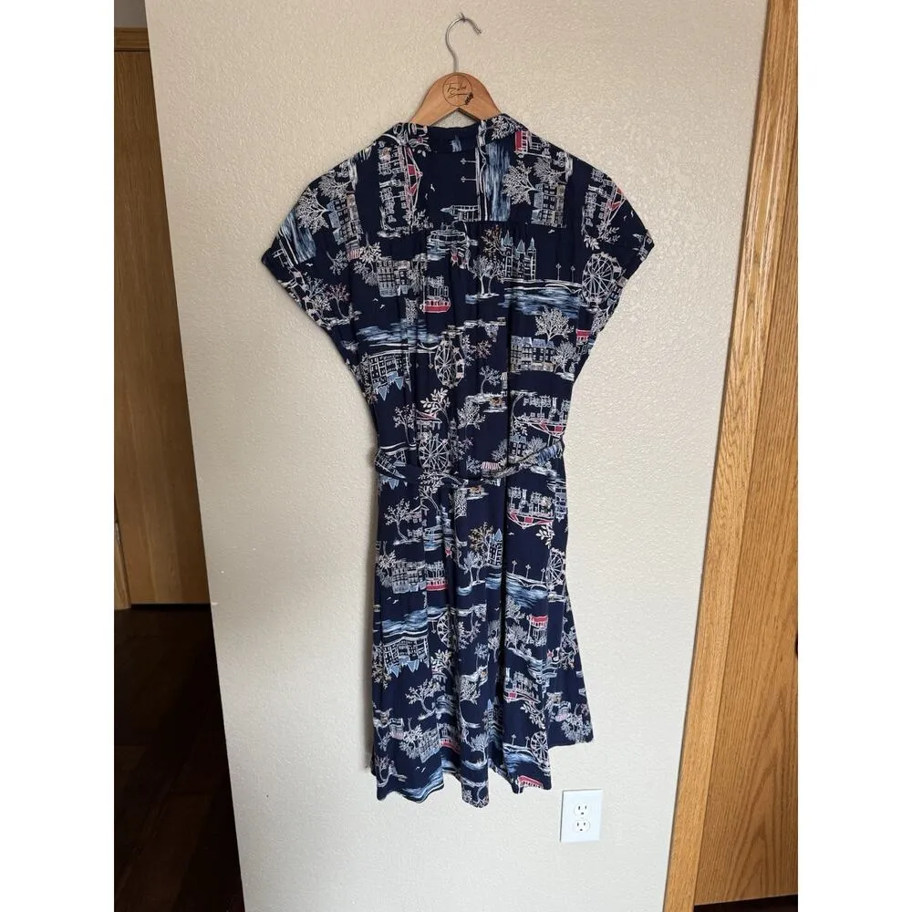 Old Navy Novelty Print Shirt Dress Large Scenic Village Print Navy - Image 5