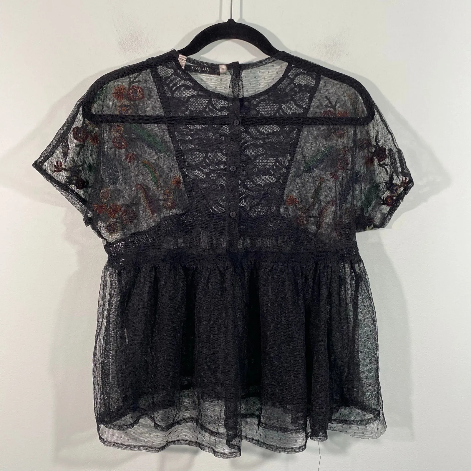 Zara Women Black Sheer Lace Floral Embroidered Cap Sleeve Blouse Size XS - Image 7