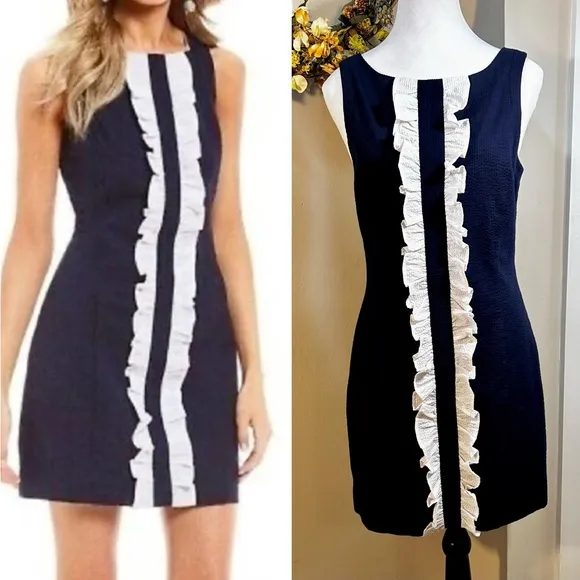 LAUREN JAMES Bailey Ruffle-Trimmed Seersucker Shift  Dress in Navy Coastal Sz S - Image 2