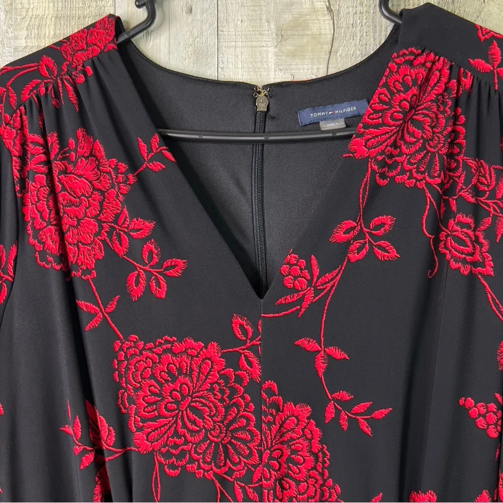 Tommy Hilfiger Size 14W Red & Black Long Sleeve Fit & Flare V-Neck Shift Dress - Image 9
