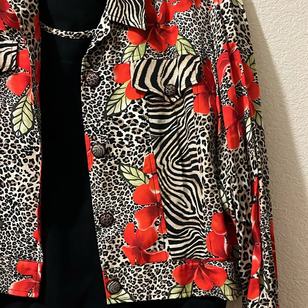 Vintage SET Nancy Bolen City Girl Women's Red Floral Jacket Jean jacket Size XL - Image 3