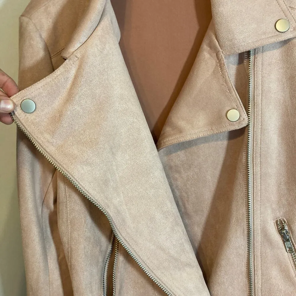 Mittoshop Faux Suede Light Pink Asymmetrical Zip Up Vegan Leather Moto Jacket - Image 7