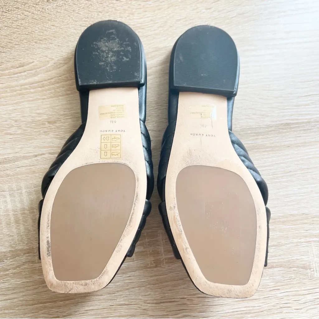 Tory Burch Kira Quilted Perfect Black Criss Cross Sandals Leather Flat Size 8 - Image 2