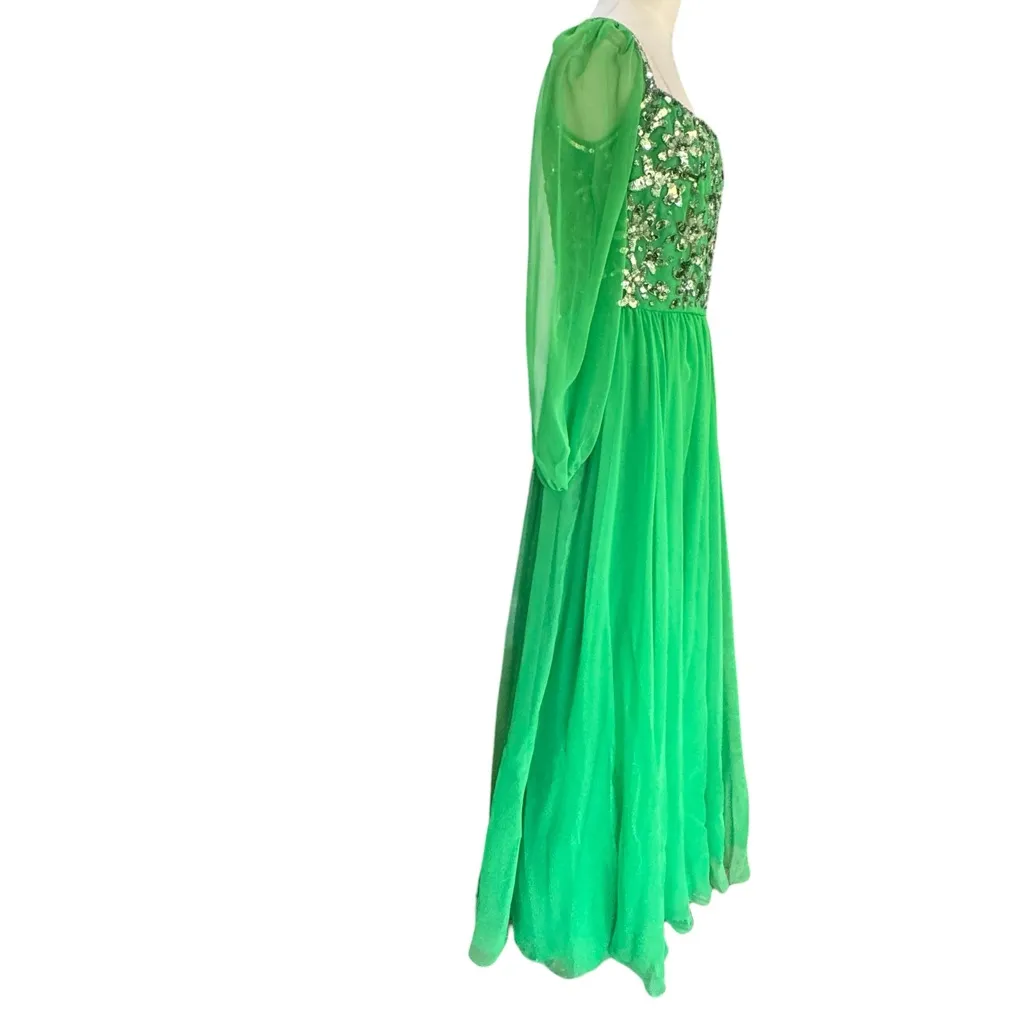 Victoria Royal Ltd 1960s Green sequin & Beaded Vintage Gown Dress sheer sleeves Size M - Image 3