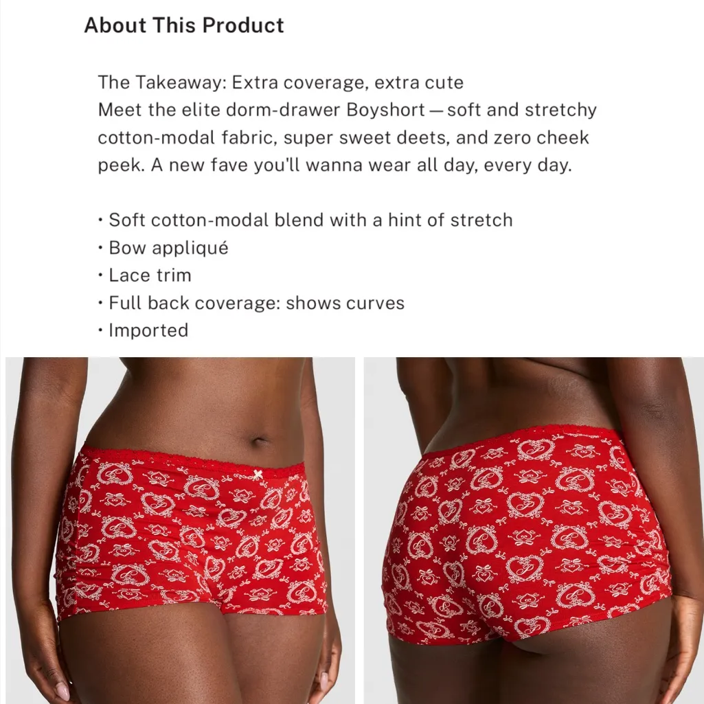 Victoria's Secret Pink Cotton Dorm Boyshort Bright Red Heart Doile Bows Print M - Image 6