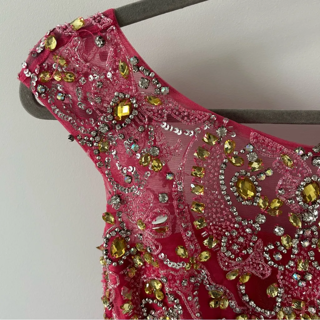 Sherri Hill Bright Pink Beaded Sequin Tulle Mini Skirt Pageant Prom Dress 2 - Image 7