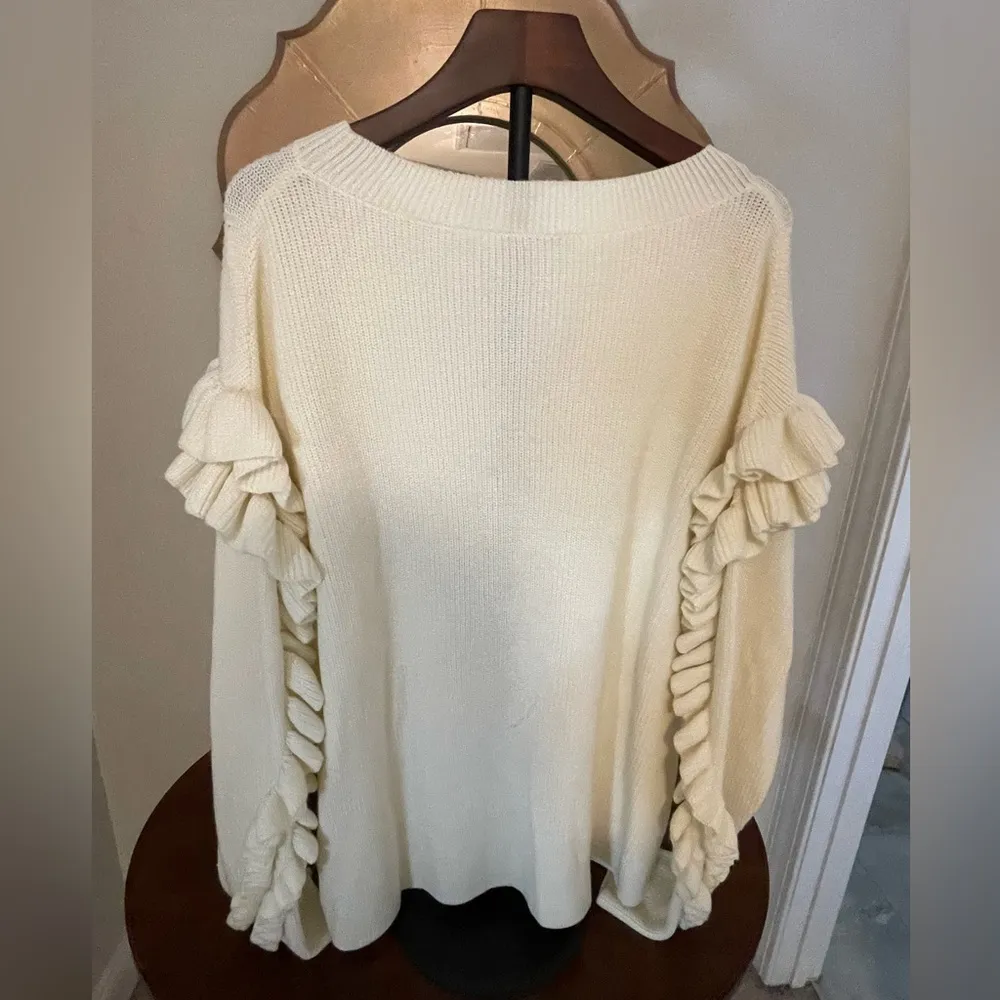 Women’s Frame Wool Blend Ruffle Yoke Ribbed Sweater In Off White oversized, SzL - Image 9
