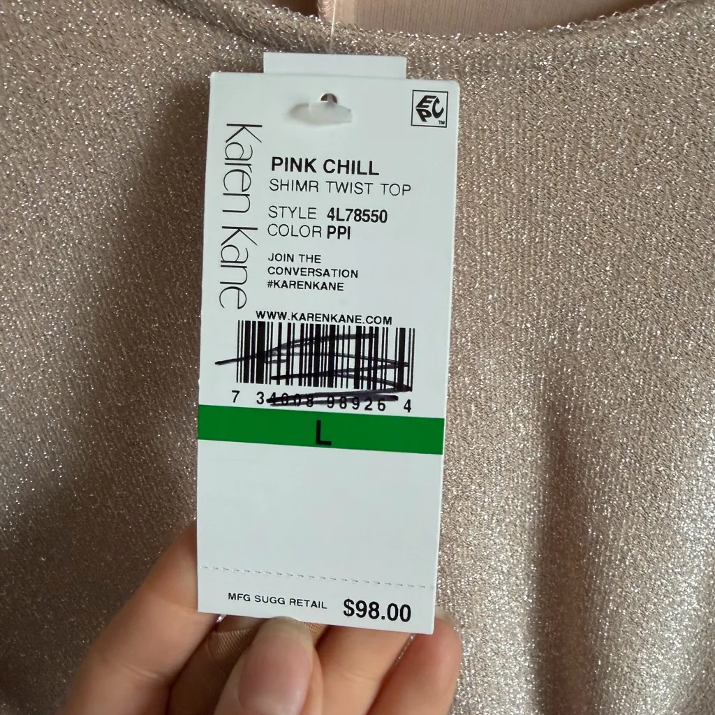 NWT Karen Kane Pink Chill Shimmer Twist Top Blouse Womens L Shimmer Coquette - Image 5