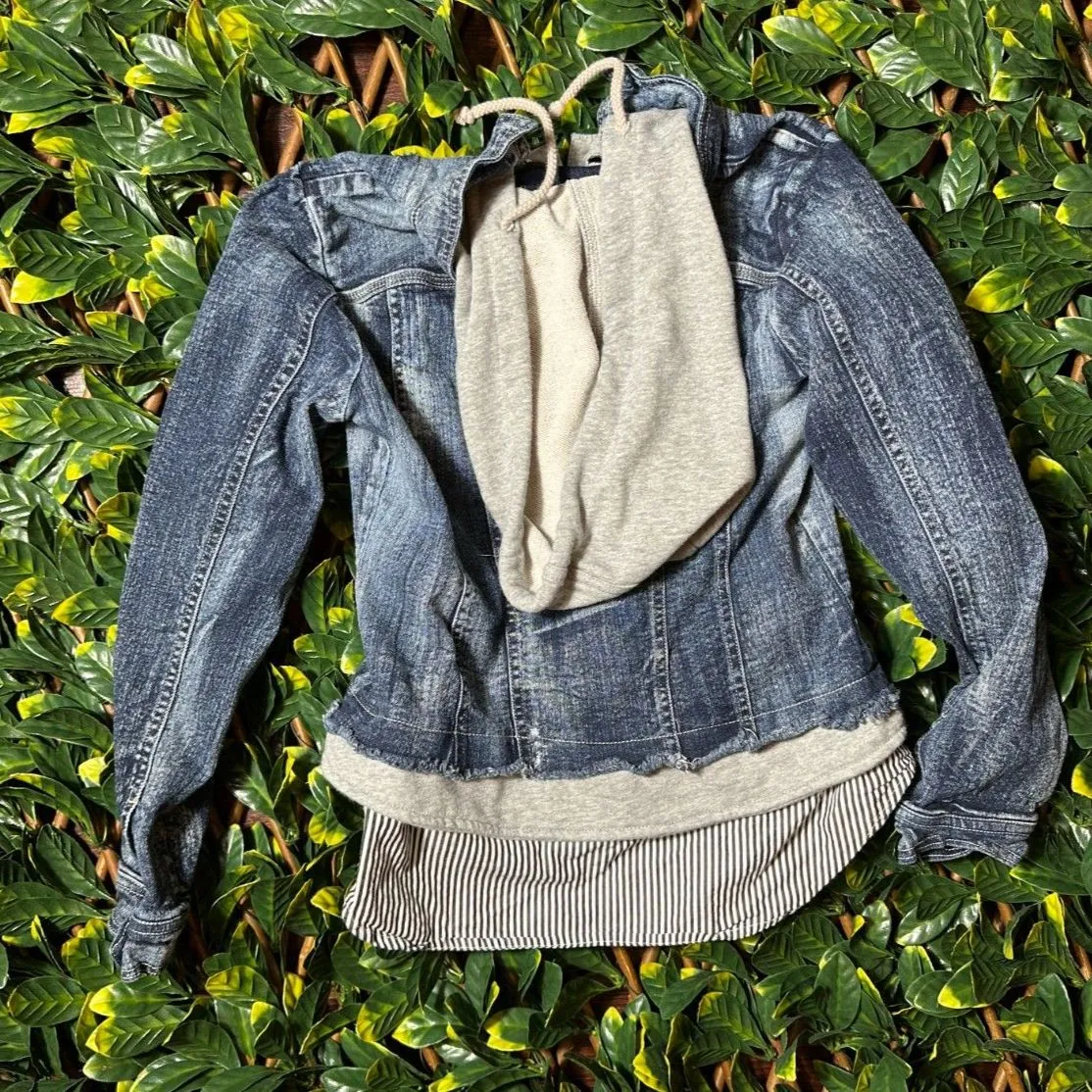 Vintage Y2K Denim Jake Gray Hoodie Striped Shirt Size M Blue Size M - Image 3