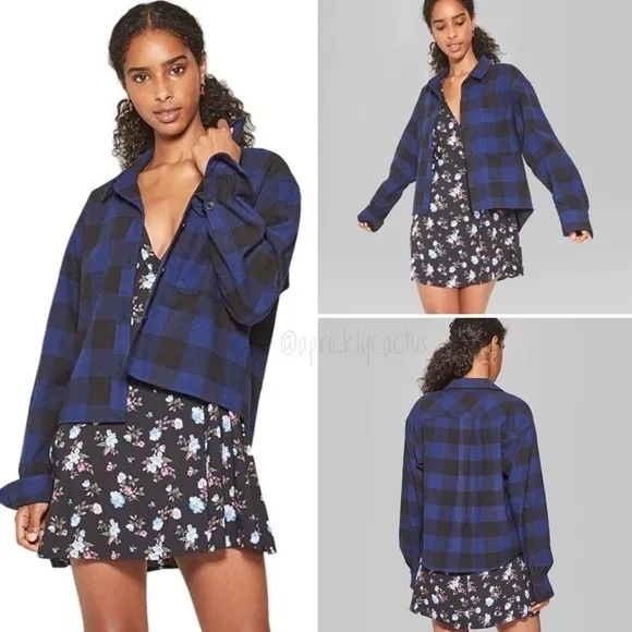 NWOT Blue Black Plaid Flannel Button Up Shirt Top - Image 2