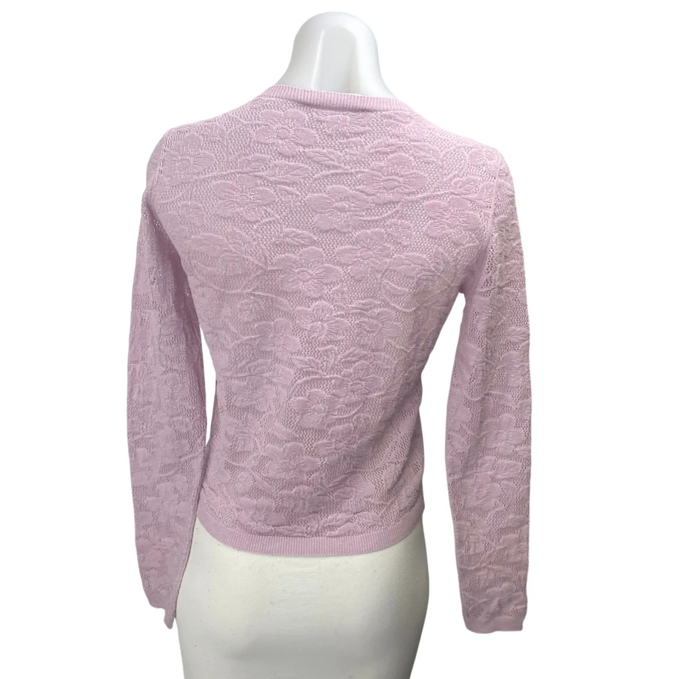 MNG Mango Pink Jacquard Floral Brocade Crewneck Long Sleeve Knit Sweater Top XS - Image 2