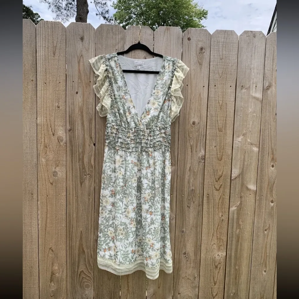 MAX STUDIO Empire Waist Maxi Dress Womens L‎ Floral Ruffle V-Neck Smocked Lined - Image 9