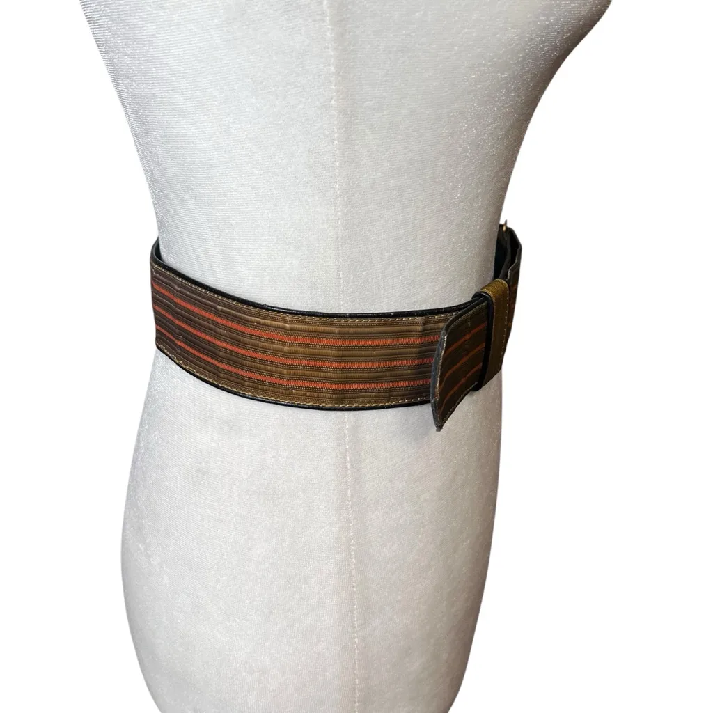 VTG 1970s Leather Striped Canvas Statement Belt Sz 33 Retro Mod Unisex Boho Med Brown - Image 4