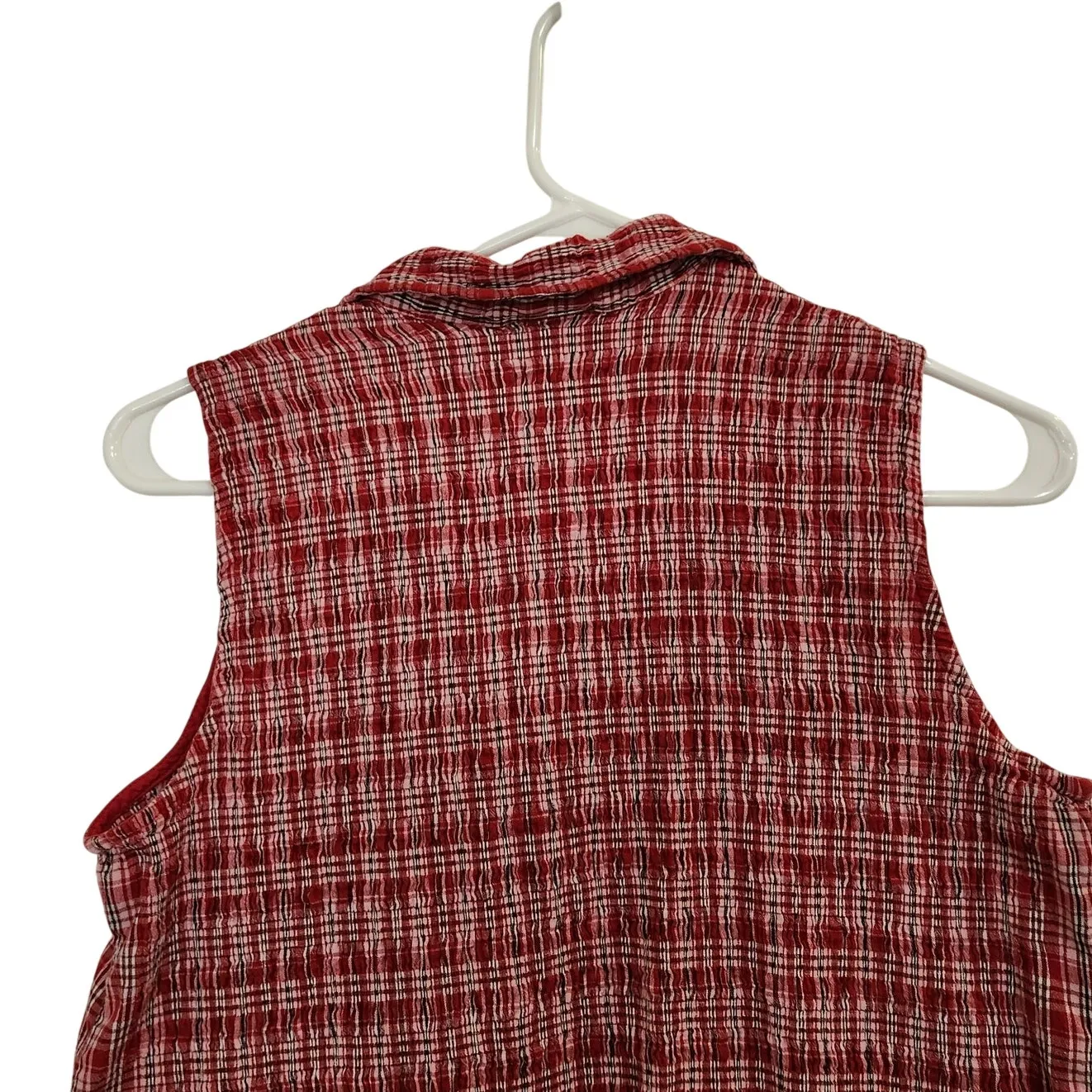 Vintage St. John's Bat Red Plaid Crinkle Sleeveless Pullover Polo Tank Top XL - Image 5
