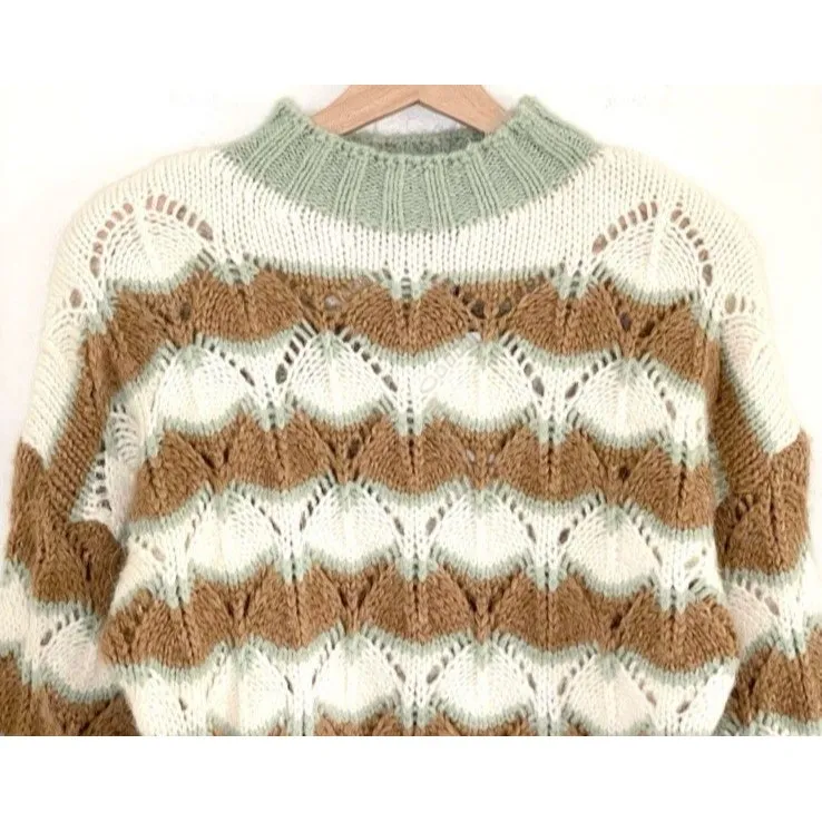 Zara Striped Pointelle Knit Alpaca Wool Blend Sweater Women’s S/M Ivory Tan Sage - Image 5