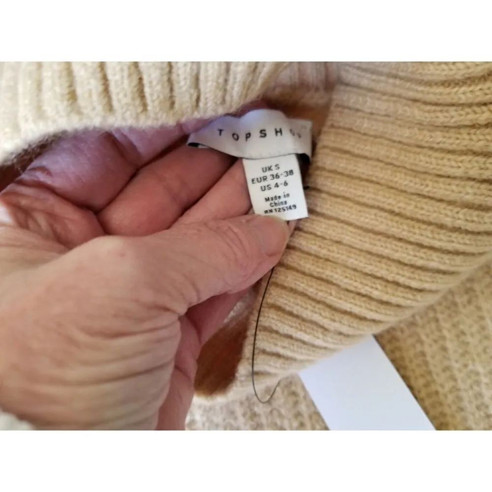 Topshop Funnel Neck High-Lo Crop Long Sleeve Sweater Camel Tan Womens Size S - Image 8