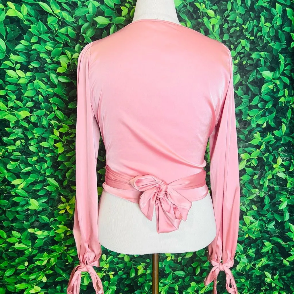 Women's Elegant V Neck Self Tie Knot Long Sleeve Satin Blouse Shirt Top Pink L Size L - Image 3