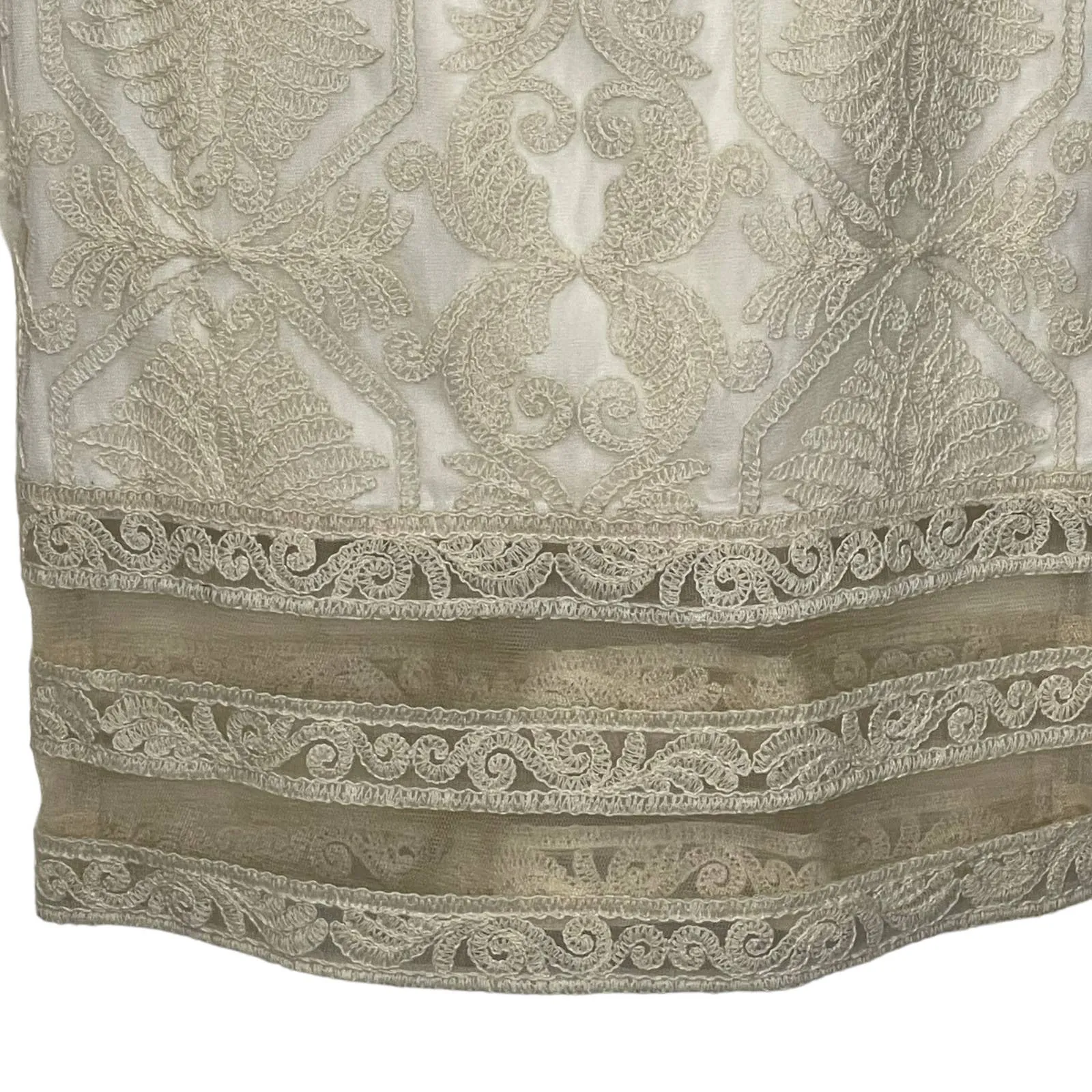 Tadashi Shoji Embroidered Mesh Tulle Sheath Dress Lined 3/4 Sleeve‎  6 Women Tan - Image 5