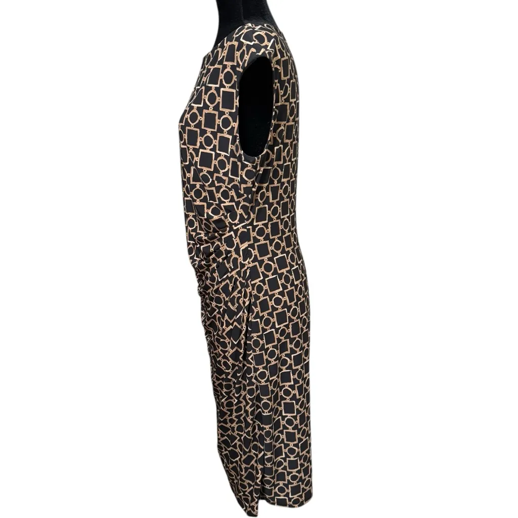 Lauren Ralph Lauren Geometric Print Sheath Dress Black Tan Ruched Size 12 - Image 5