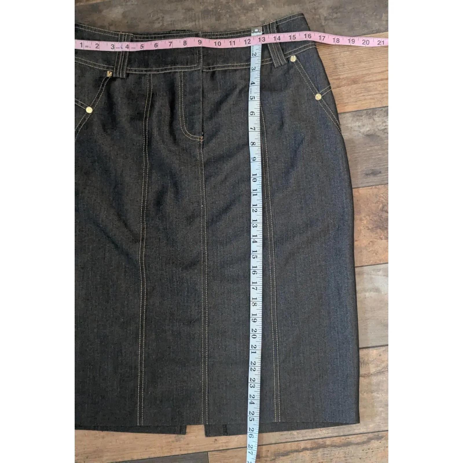 CACHE CONTOUR Dark Wash Denim Midi Pencil Skirt Size 12 Vintage 90s - Image 3