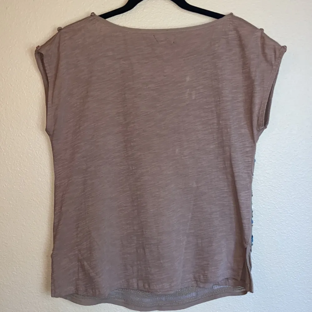 DELETTA ANTHROPOLOGIE S Sequined Beaded Sleeveless Cap Sleeve Shirt Top Tan Blue - Image 6