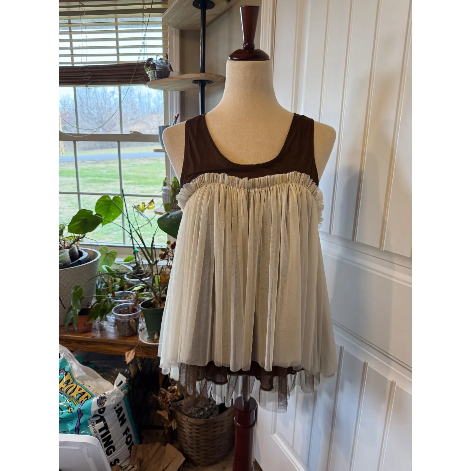 Sassy Bling Tulle Ruffle Layered Tank Dress Brown White Womens Size S - Image 5