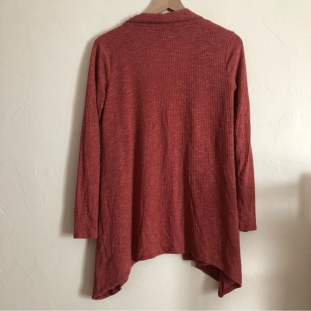 Cure Knit Ribbed Long Sleeve Open Front Button Asymmetrical Cardigan Sweater Red Size M - Image 7