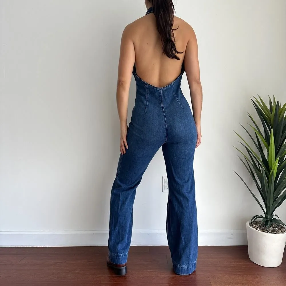 Free People Denim Jumpsuit 8 Blue Flared Halter One Piece Low Back 70s Retro - Image 6