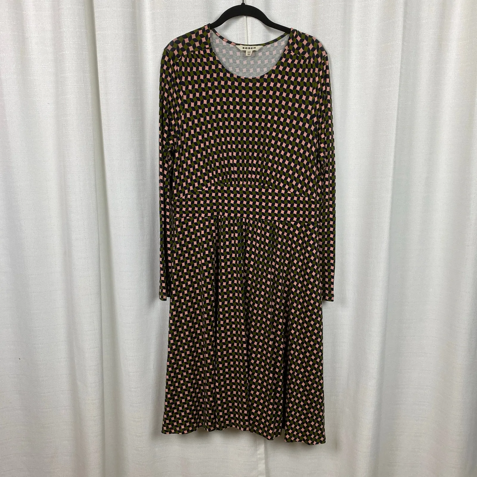 Boden Olive Green&Pink Abstract Diamond Long Sleeve Jersey Thea Dress Sz.12R Green Size 12 - Image 4