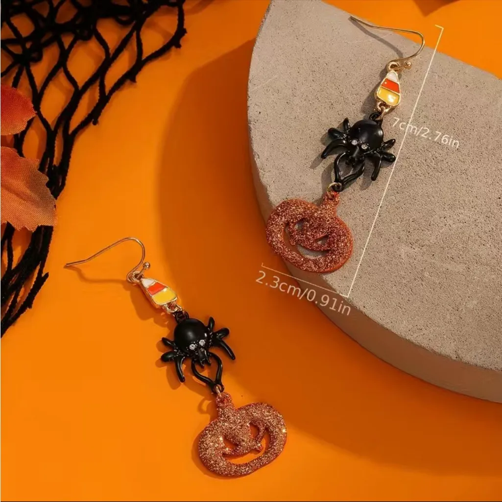 Halloween Decoration Pumpkin Dark Spider Design Dangle Earrings Zinc Alloy‎ Faux Black - Image 3