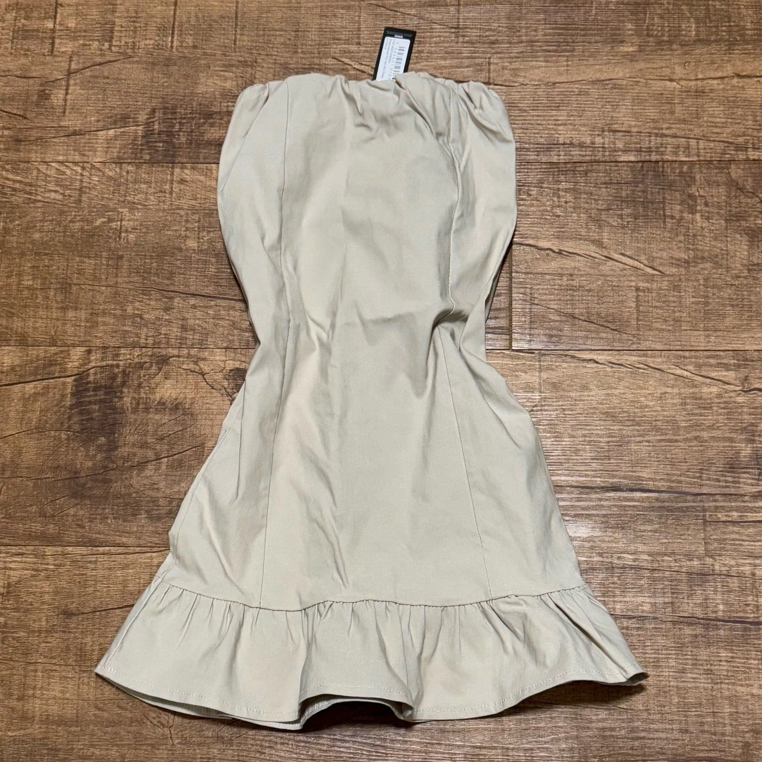 PrettyLittleThing stone beige tan ruffle hem strapless bodycon mini dress - Image 2