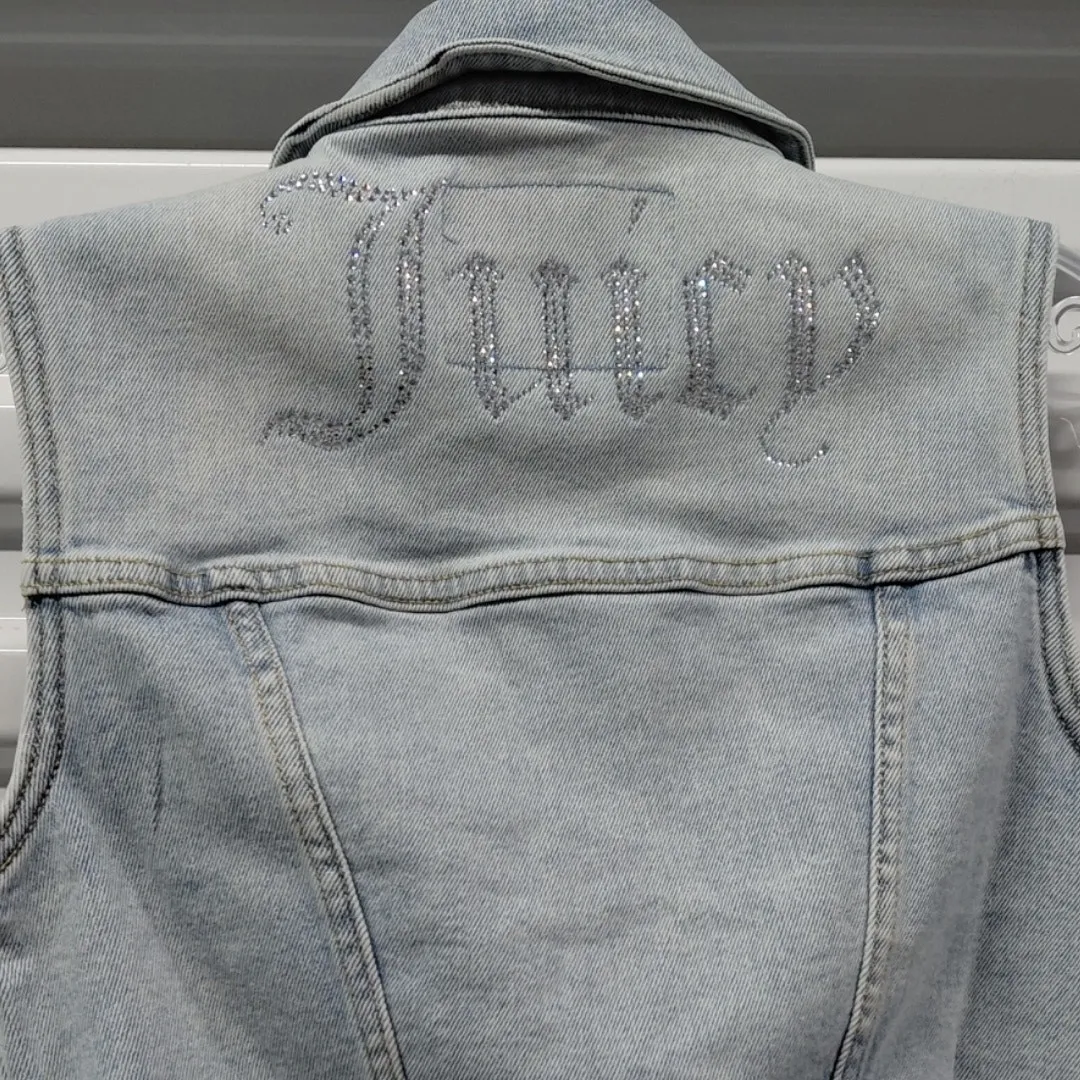Juicy Couture Women’s XS Cropped Denim Vest Rhinestone Logo Y2K Biker Jacket - Image 7