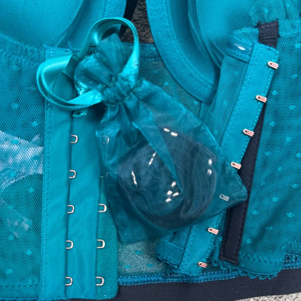 NWT Victoria's Secret Dream Angels Teal Lace Polka Dot Corset Longline Bra 32DD - Image 4