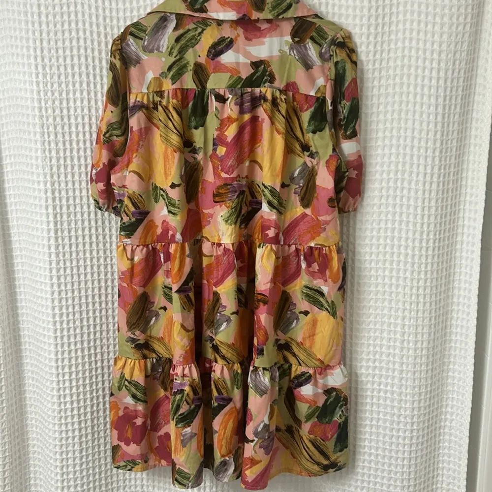 Women's Button Down Dress Brush Print Puff Sleeve Smock Sun Dress - Image 10