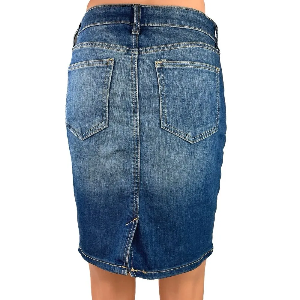 Old Navy Blue Denim High Waist Straight Pencil Medium Wash Mini Jean Skirt Sz 0 - Image 3