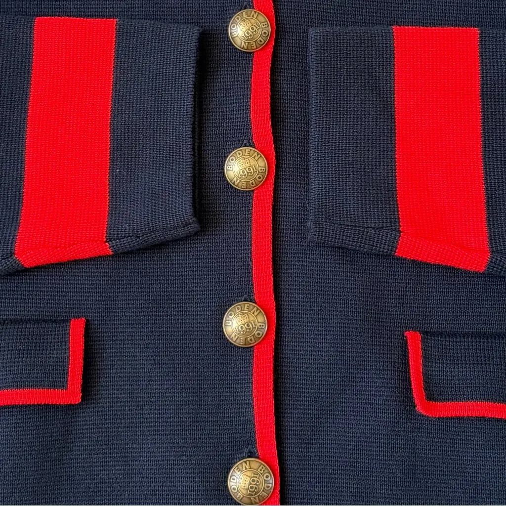 Boden Blue 100% Cotton Holly Knitted Cardigan Navy Red Knitted Size 16 - Image 8