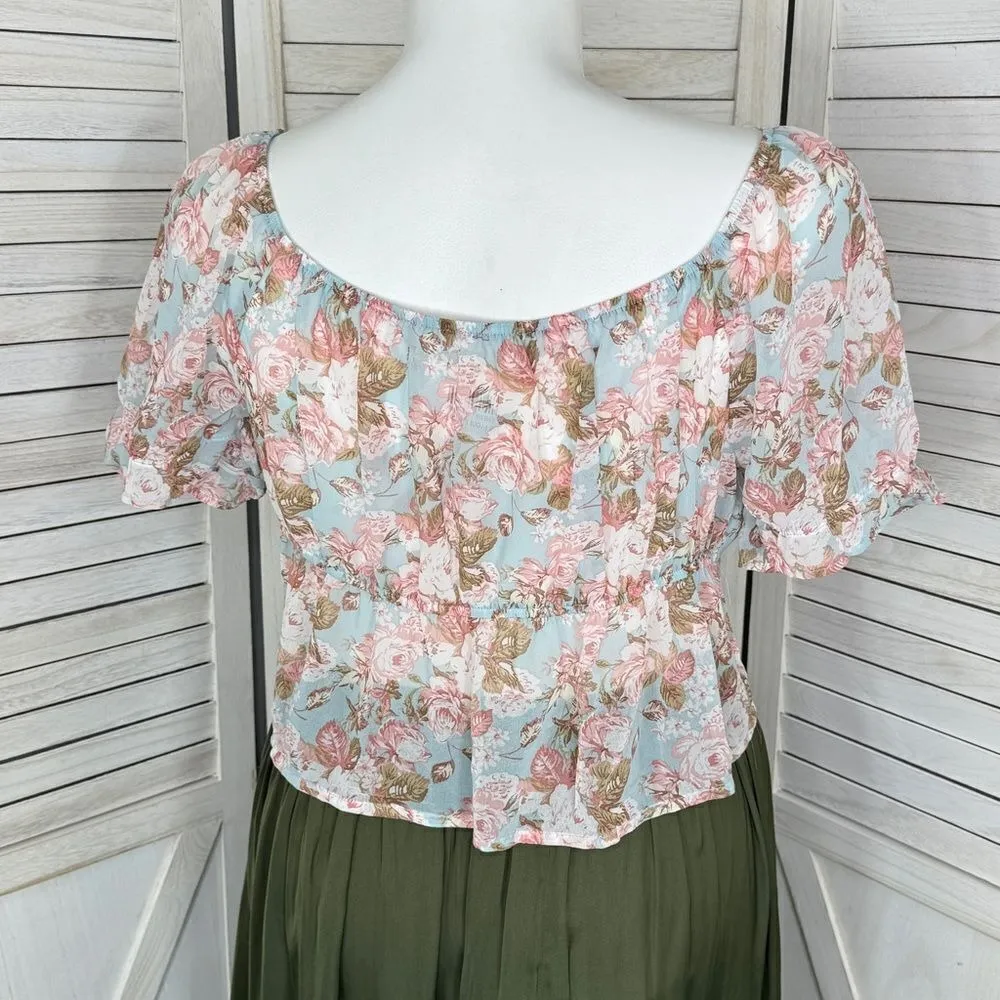 Active USA Sheer Floral Chiffon Tie Front Crop Blouse‎ Blue Pink 1XL Puff Sleeve - Image 6