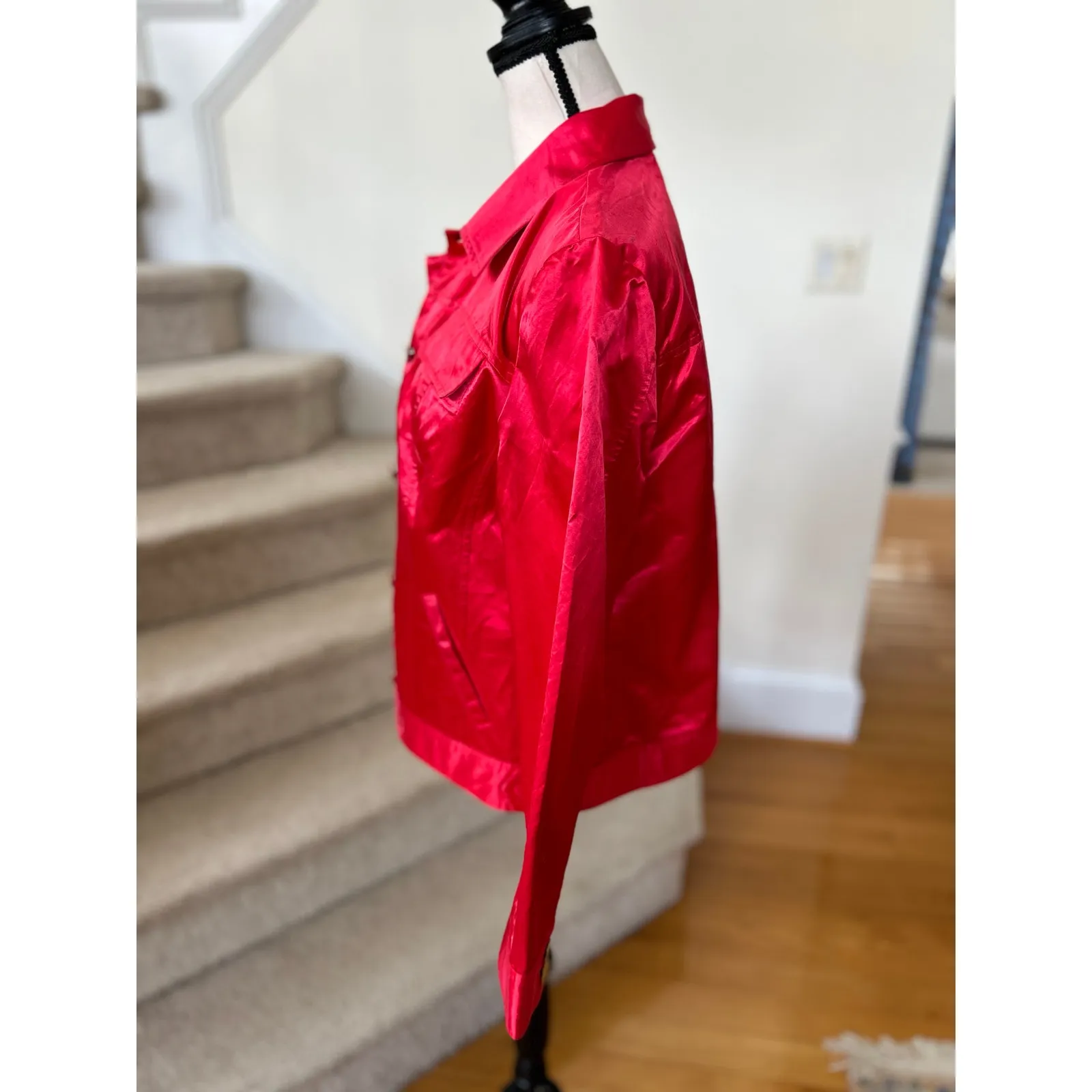 Chico's Hot Red Satin Brass Button Front Jacket - Image 3