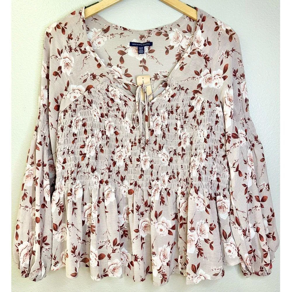 NWT American Eagle Outfitters Floral Smocked Tie Neck Ruffle Top Blouse - Image 8