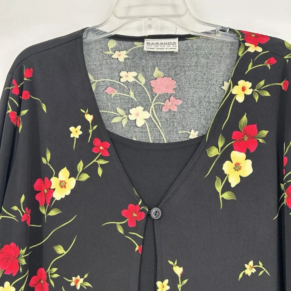 Vintage 90s Baranda Layered Look Cardigan Top Black Floral Stretch Size 2X - Image 2