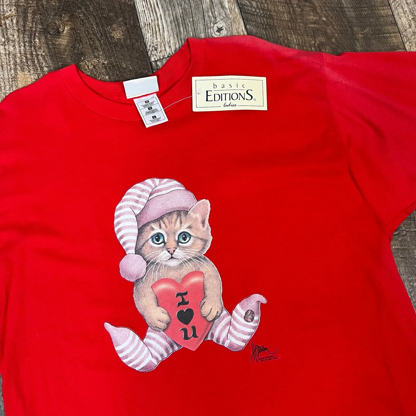 Y2K Red Crew Neck Cat Kitten I Love You T - Image 2