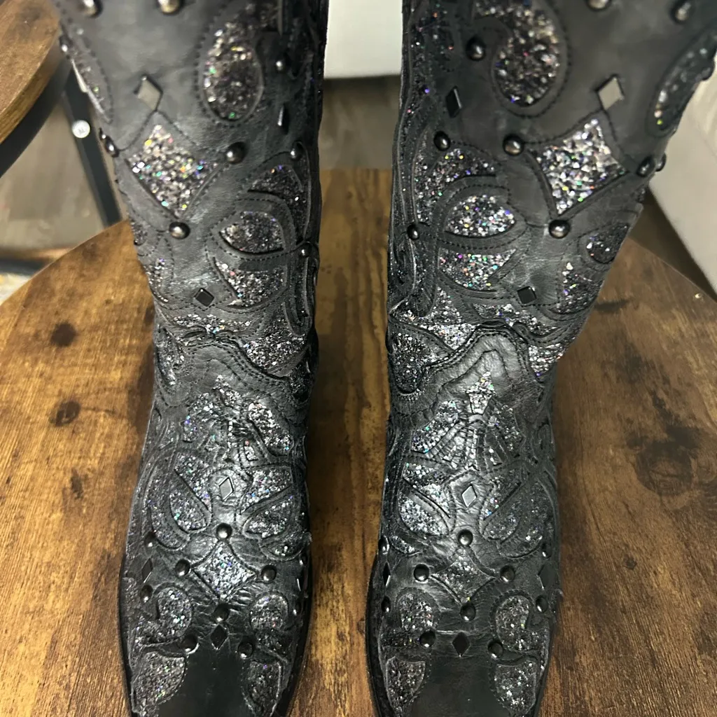 Black and Silver Embellished Cowboy Boots - Image 3