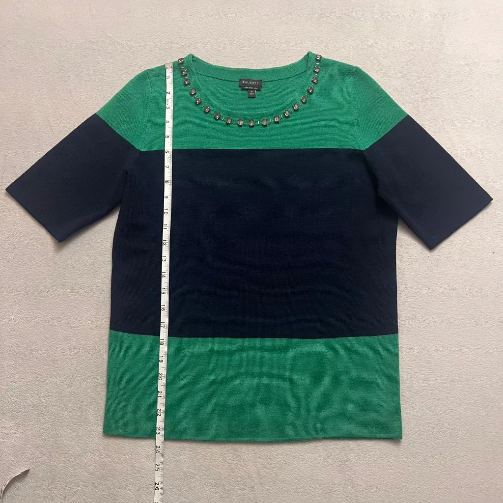 Talbots Women's Merino Wool Rhinestone  Color Block Sweater Short Sleeve Sz M - Image 10
