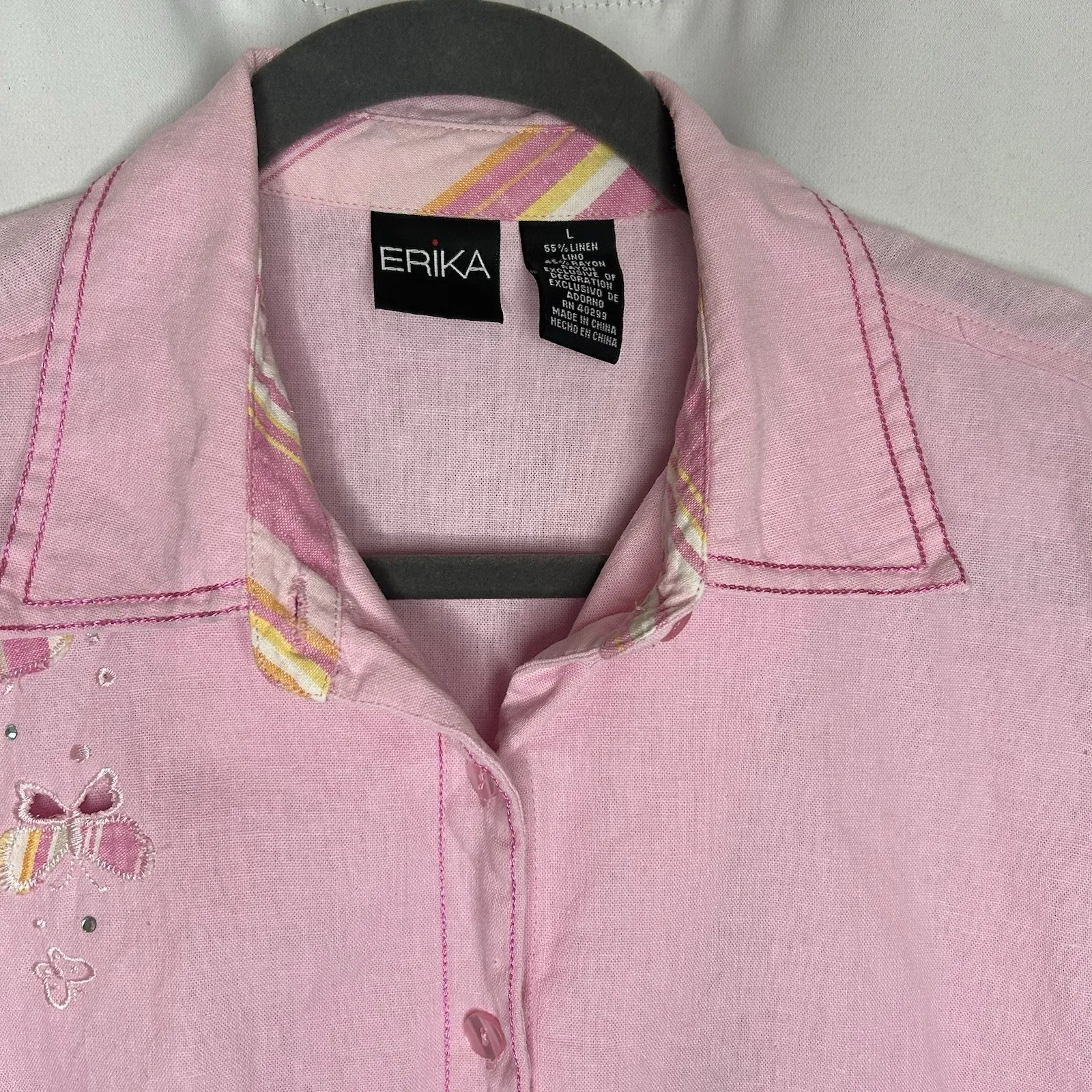 Erika Size Large Pink Short Sleeve Shirt Butterfly Button Up Linen Blend VTG - Image 2