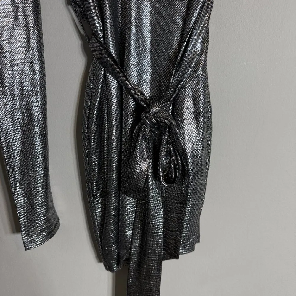 NBD Revolve Aoki One Shoulder Mini Dress Women's Small Silver Metallic Party - Image 10