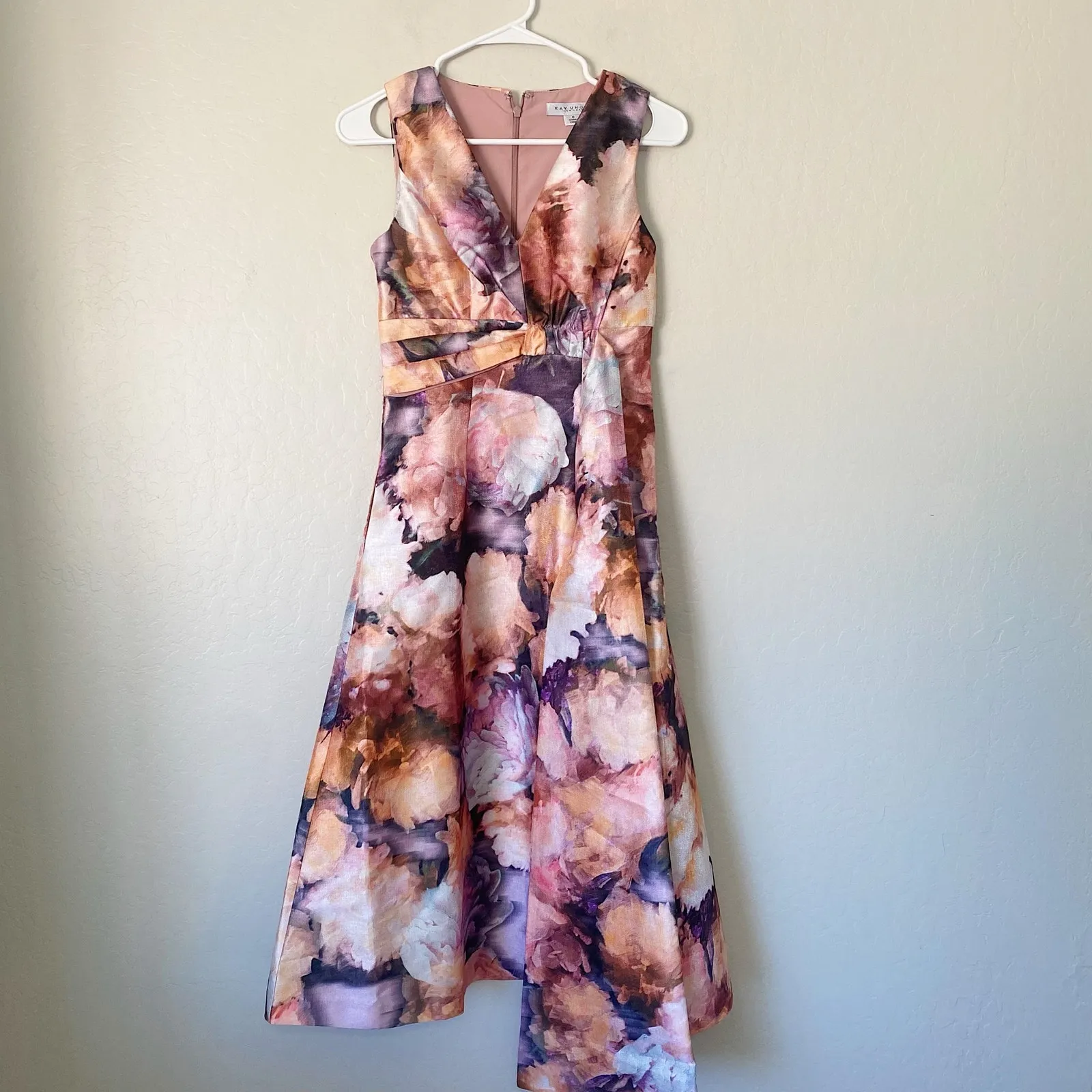 Kay Unger Lani Abstract Floral Print metallic Organza Formal Midi Dress Size 0 - Image 2