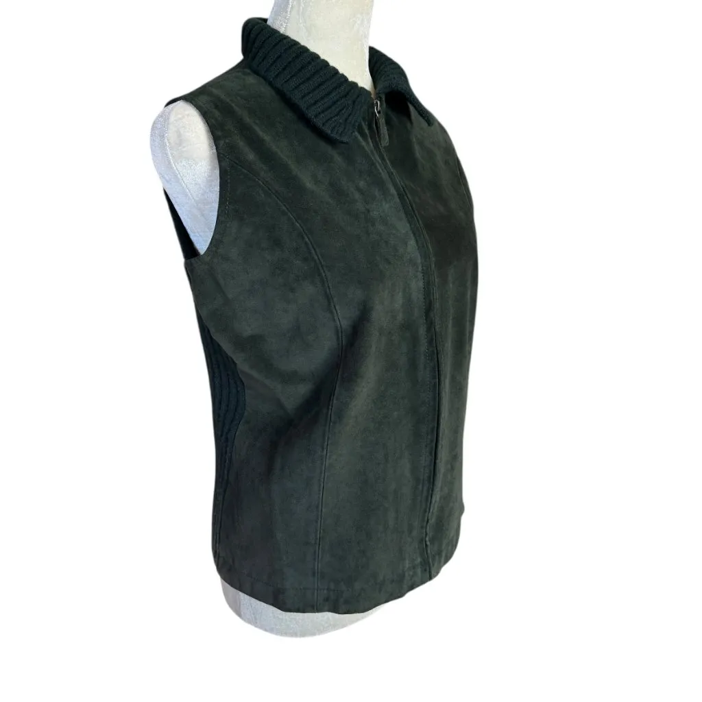Liz Claiborne Lizsport green leather and wool sleeveless collared zip up vest S - Image 2