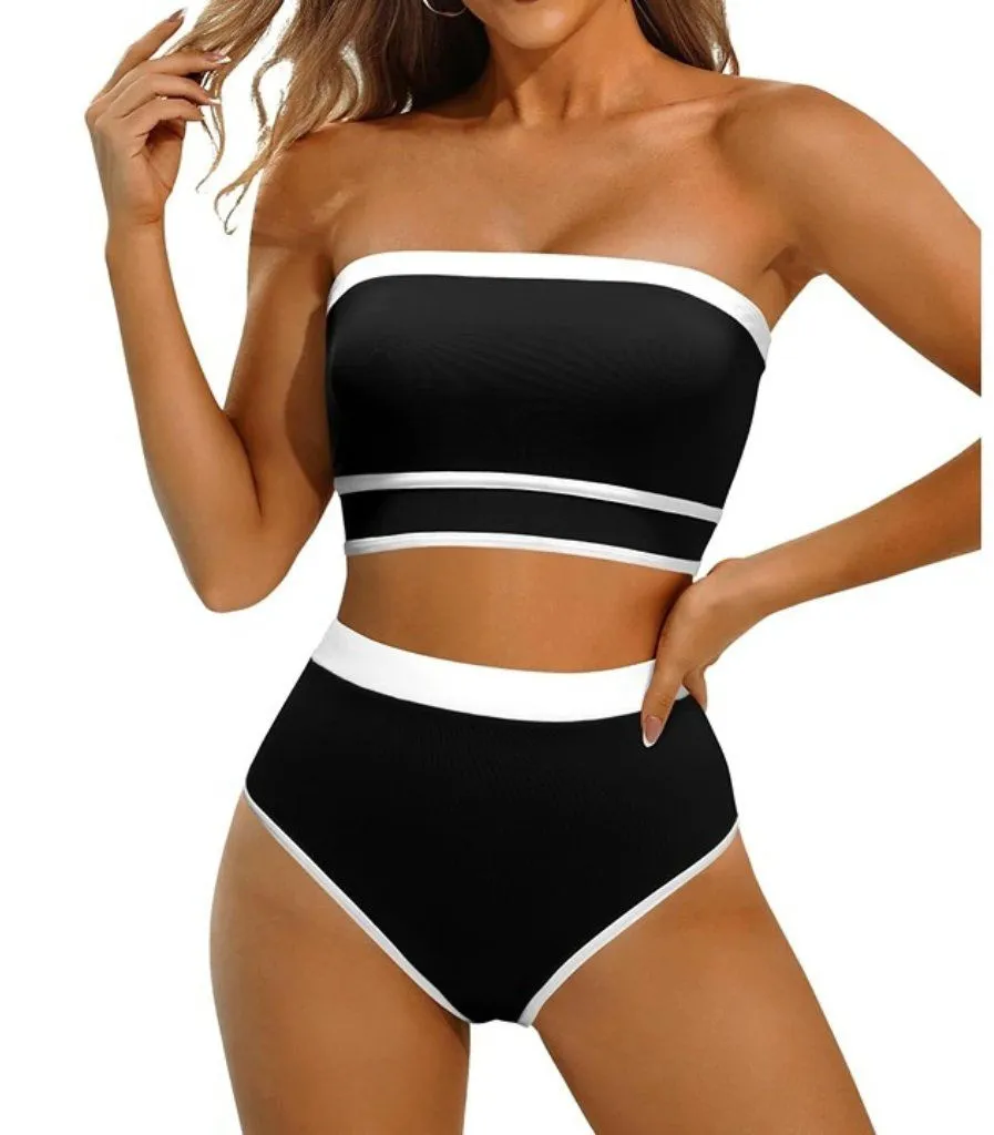 Yonique Bandeau Bikini Strapless Swimsuit Two Piece High Waisted MEDIUM Black - Image 1
